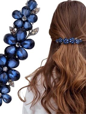 Blue Floral Crystal Hair Barrette - Elegant Women’s Hair Accessory